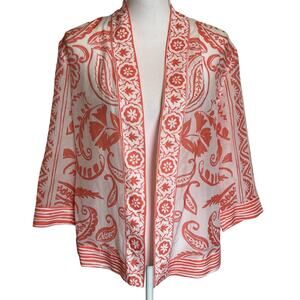 Chico's Kimono Size 1 Medium 8/10 Coral White Scroll Floral Cotton Silk Cardigan